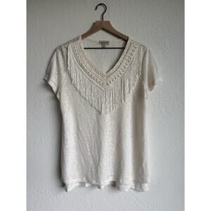 One World Fringe Crochet V-Neck Top Women’s Size Large Cream Boho Western